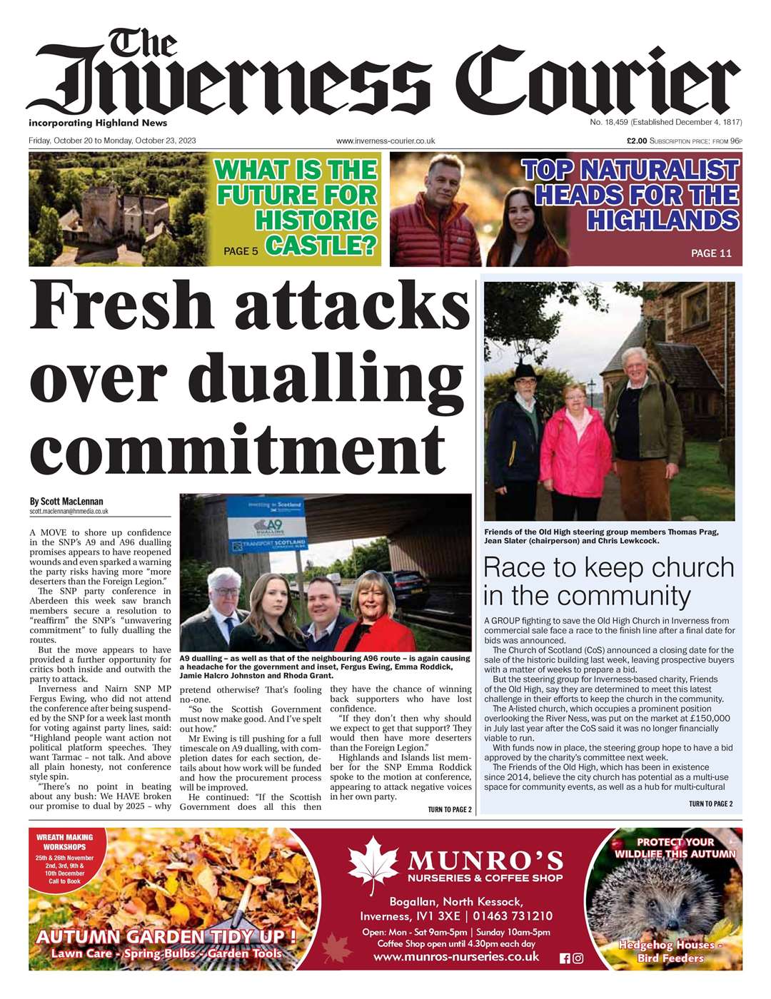 The Inverness Courier, October 20, front page.