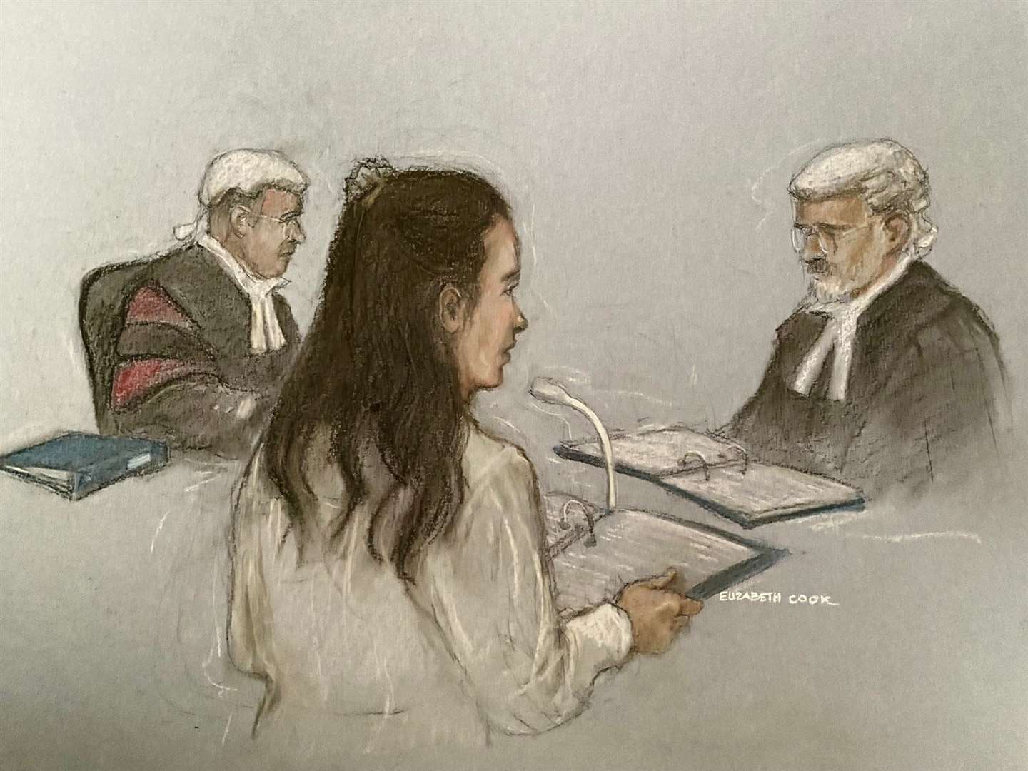 Court artist sketch by Elizabeth Cook of Constance Marten being questioned by her barrister (Elizabeth Cook/PA)
