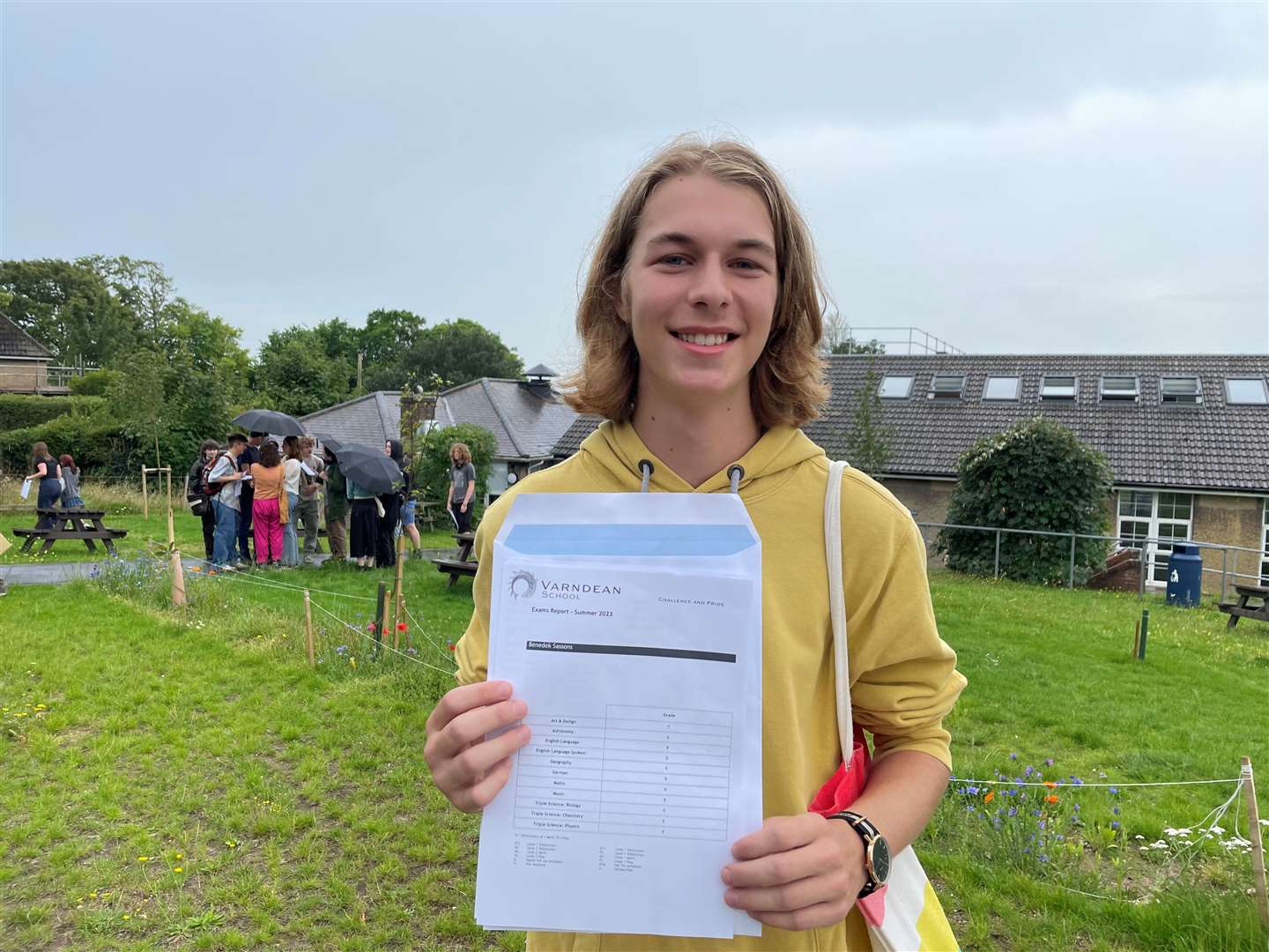 Ben Sassons, 16, with his GCSE results at Varndean School in Brighton (Anahita Hossein-Pour/PA)