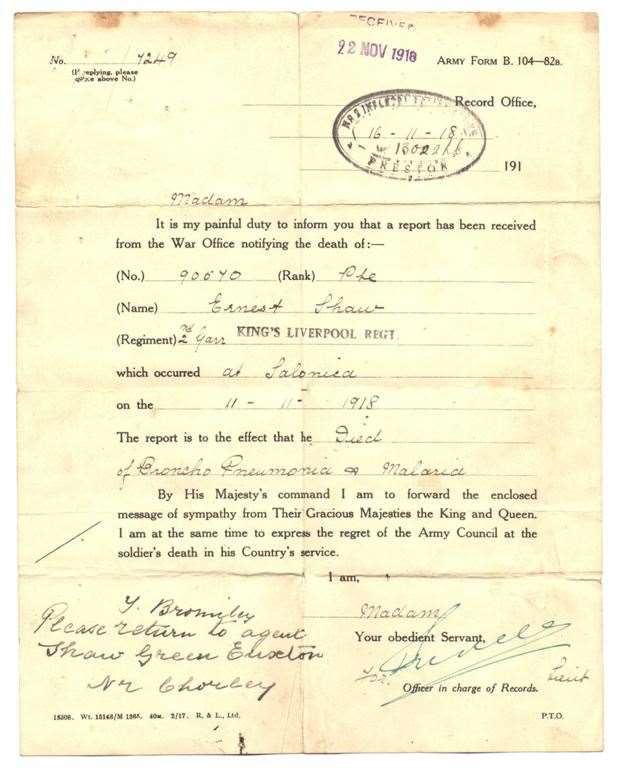 War Office notice of death of Private Ernest Shaw, from Chorley, Lancashire (Adam Cree/PA)