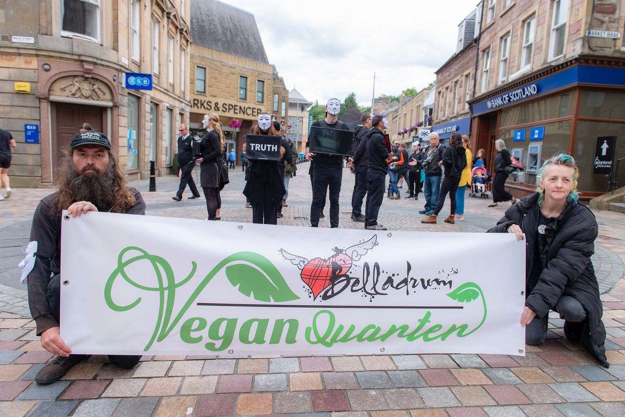 Joni Phippin with Jamie Moyes presenting the banner for Belladrum's new vegan quarter. Picture by: Mark Richards - AuroraFindhorn