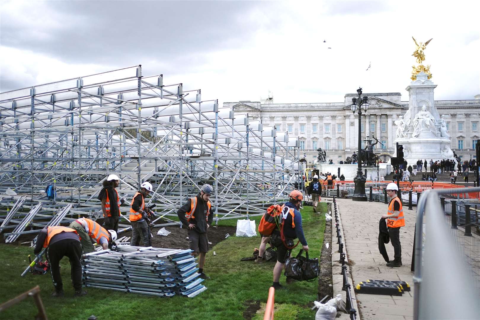 Seating being erected on The Mall outside Buckingham Palace ahead of the coronation (Victoria Jones/PA)
