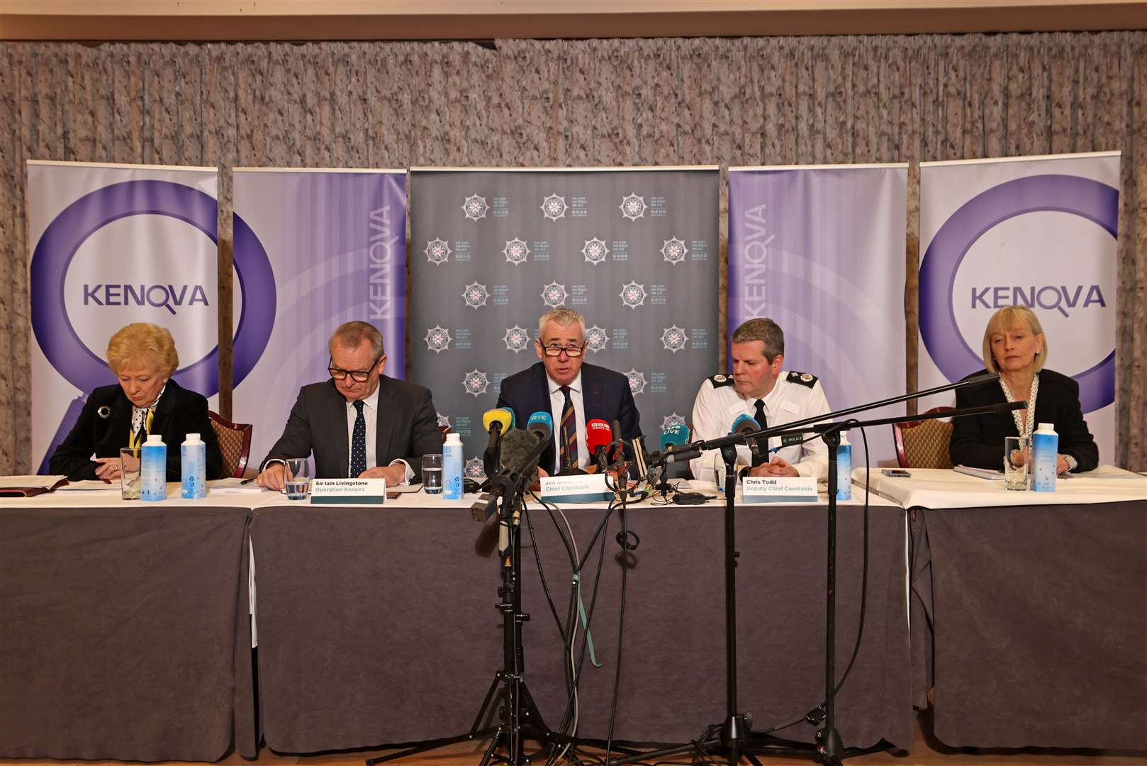 (left to right) Former police ombudsman for Northern Ireland, Baroness Nuala O’Loan, Officer in charge Operation Kenova, Sir Iain Livingstone, Chief Constable Jon Boutcher, Temporary Deputy Chief Constable Chris Todd, and former victims commissioner Judith Thompson (Liam McBurney/PA)