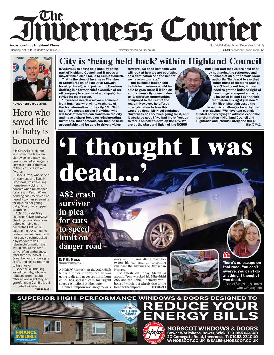 The Inverness Courier, April 4, front page.