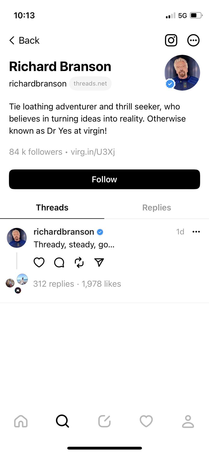 Richard Branson posting to Threads (screengrab)