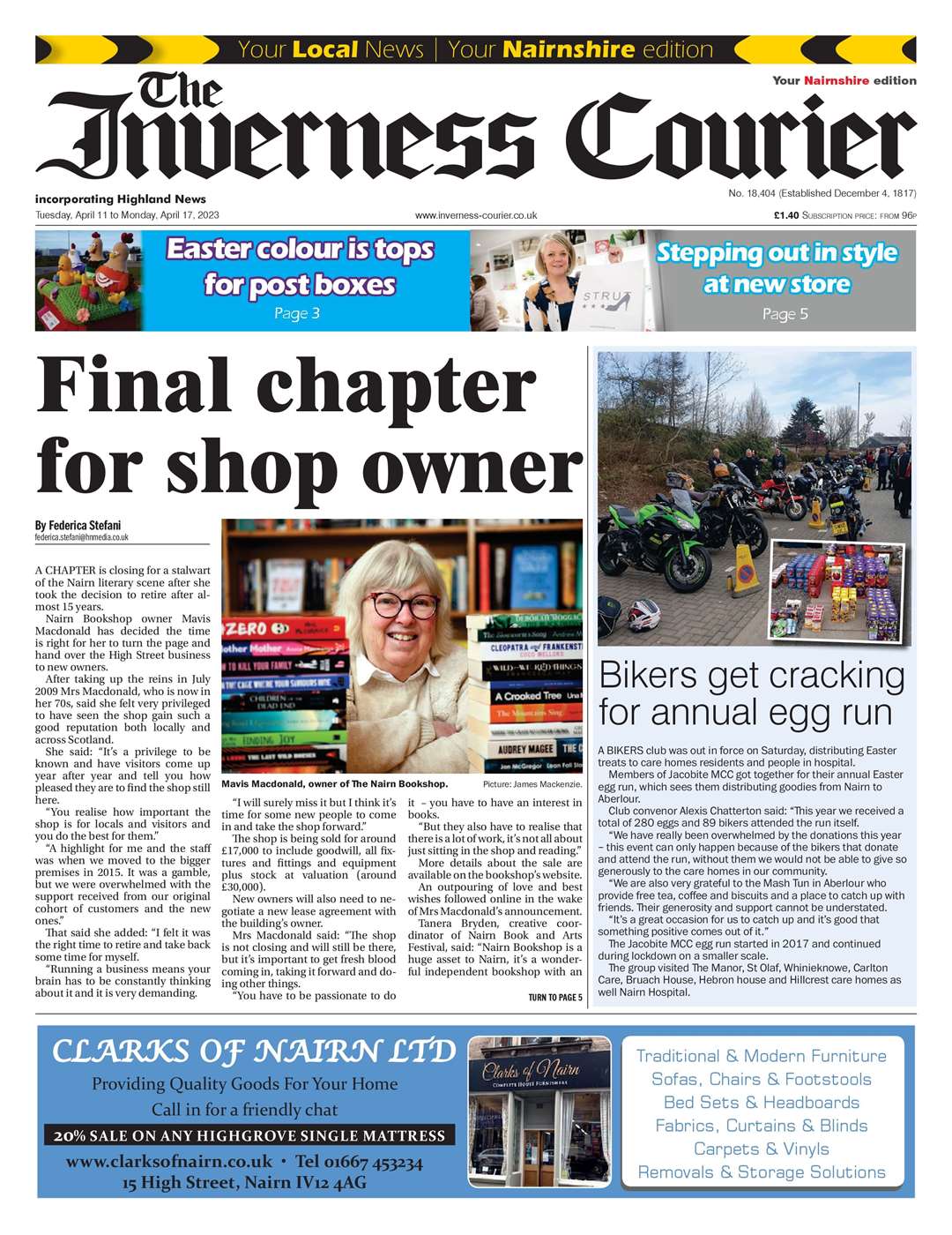 The Inverness Courier (Nairnshire edition), April 11, front page.
