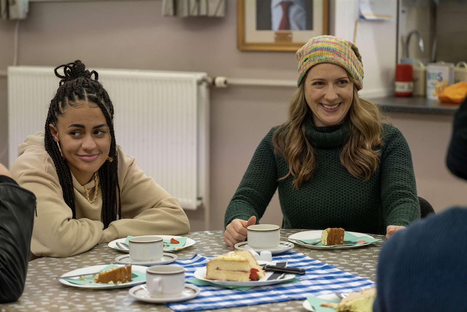 Amy Alexander (right) on the set of Coffee Morning Club.
