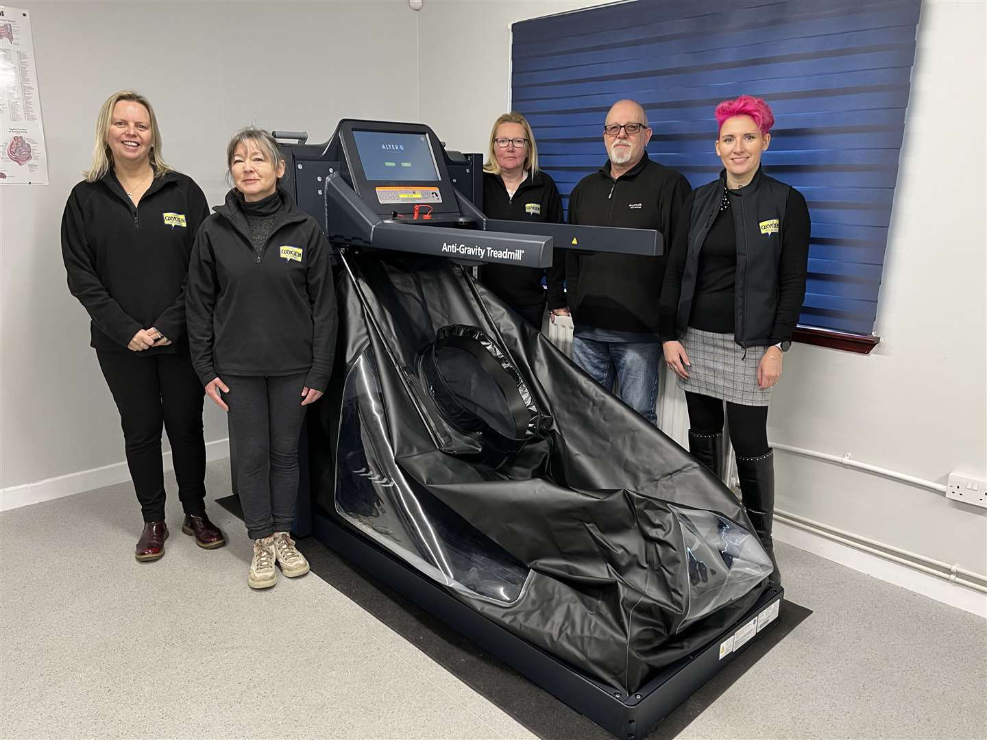 The anti-gravity treadmill at The Oxygen Works in Inverness. From left, operations manager Jenni Donnelly, senior centre assistant Kazia Jarzymowska, centre assistants Nichola Douglas and Grahame MacDonald, and chief executive Leigh-Ann Little.