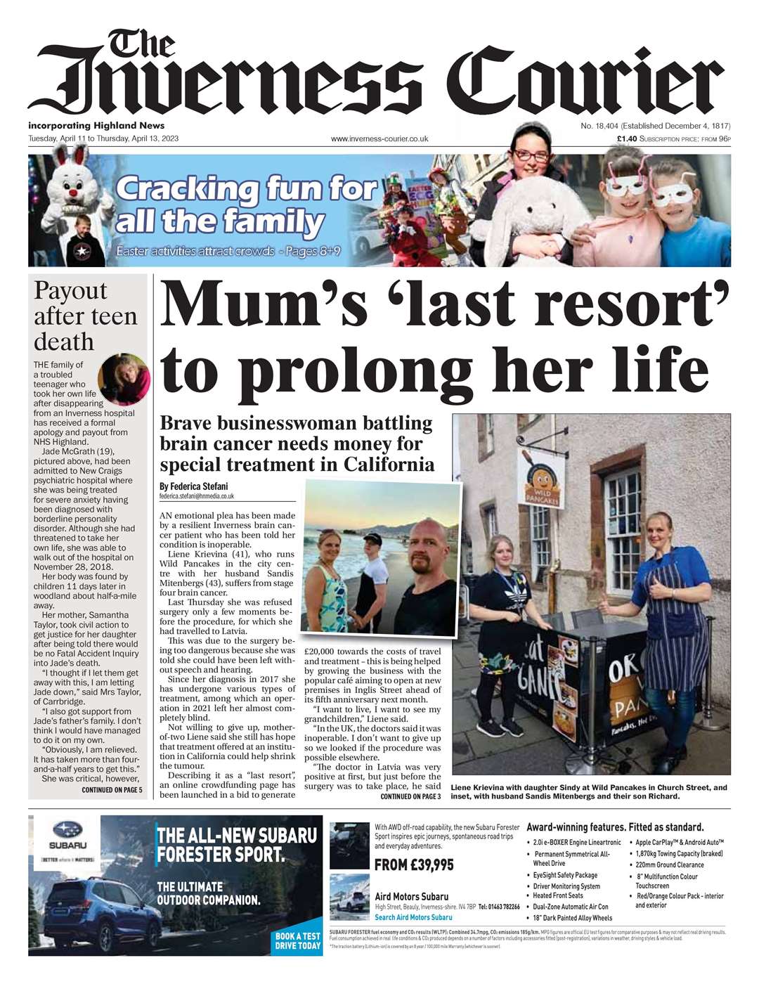 The Inverness Courier, April 11, front page.