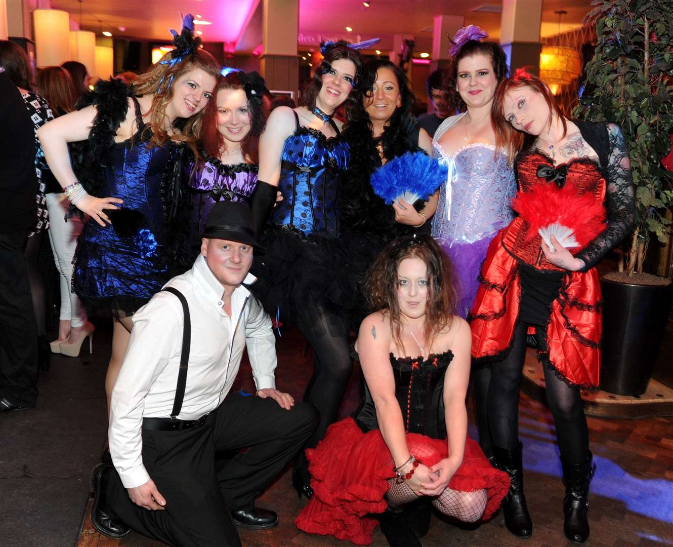 Moulin Rouge theme for Elaine MacQueen (centre, in back and blue) and friends on her 32nd birthday.
