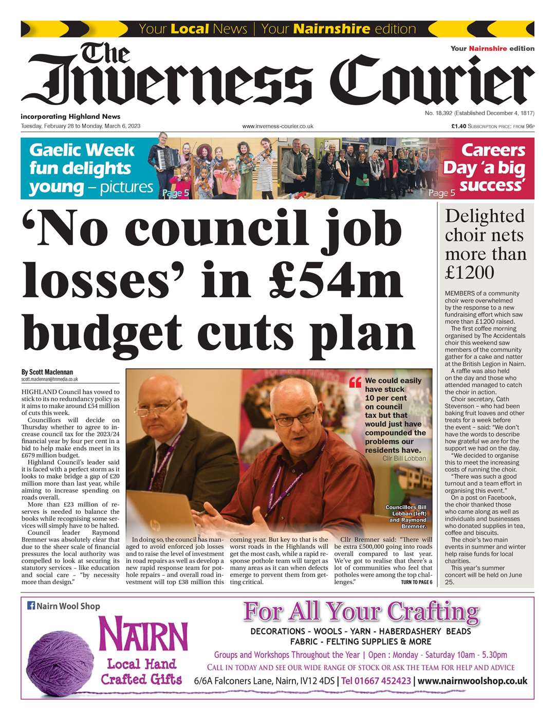 The Inverness Courier (Nairnshire edition), February 28, front page.