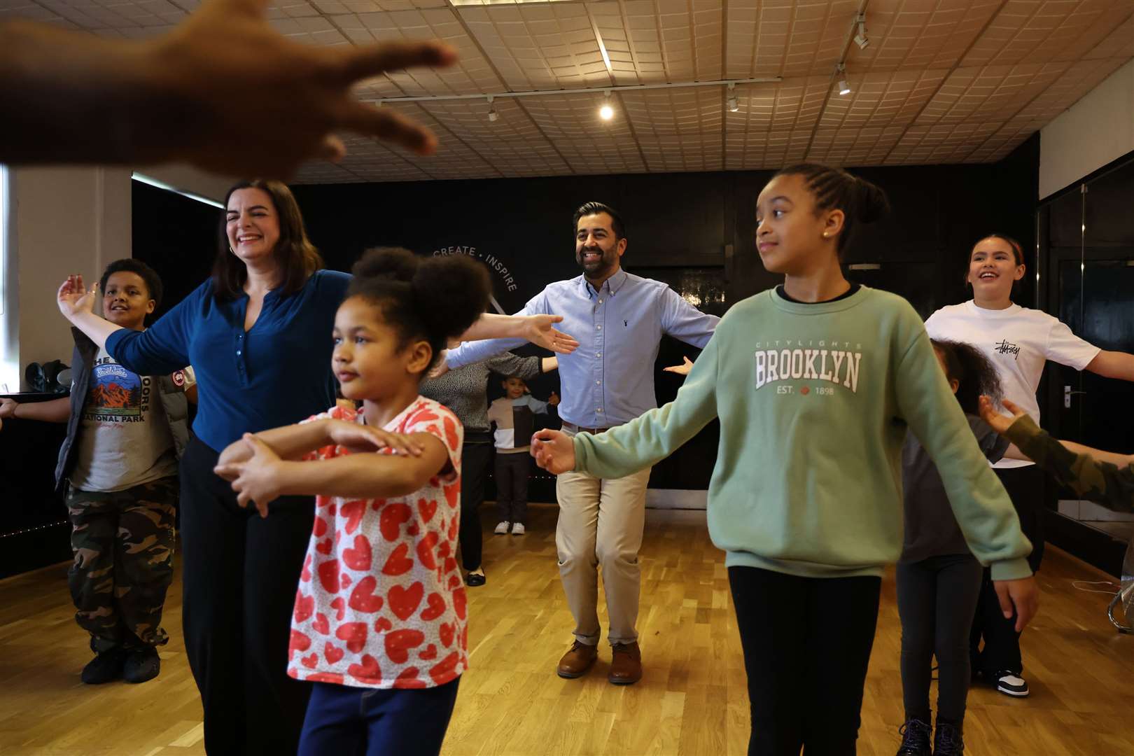 SNP candidate Katy Loudon (second left) and Mr Yousaf joined a dance class (Robert Perry/PA)