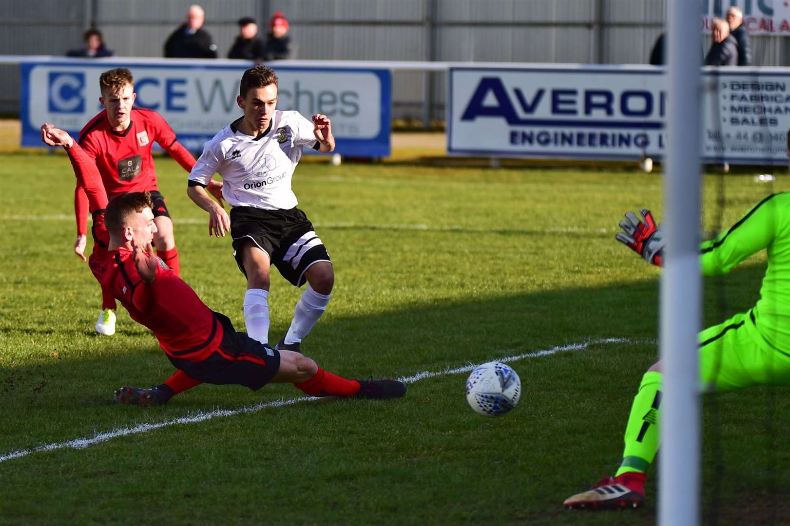 Ross Logan scoring for Clachnacuddin which gave them the lead against Inverurie Locos last Saturday. Picture: Brian Battensby