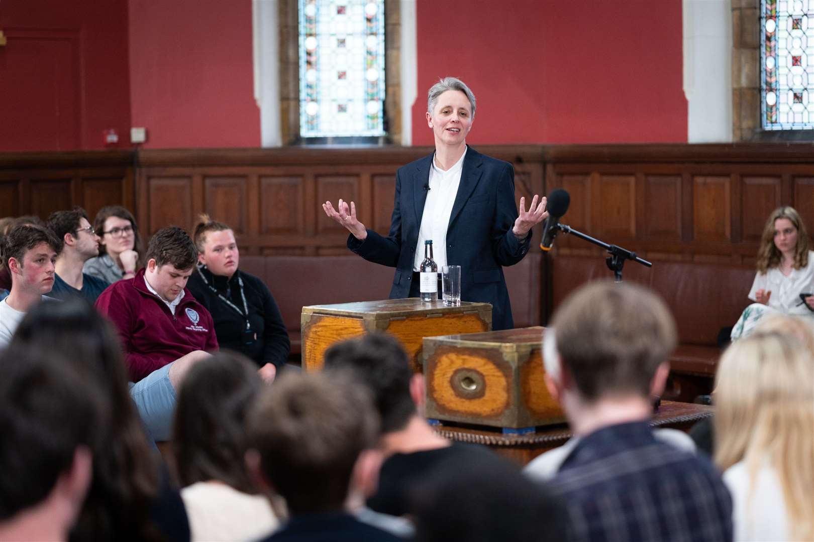 Professor Kathleen Stock speaking at the Oxford Union before LGBT+ activists stormed the talk (Oxford Union Society/PA)