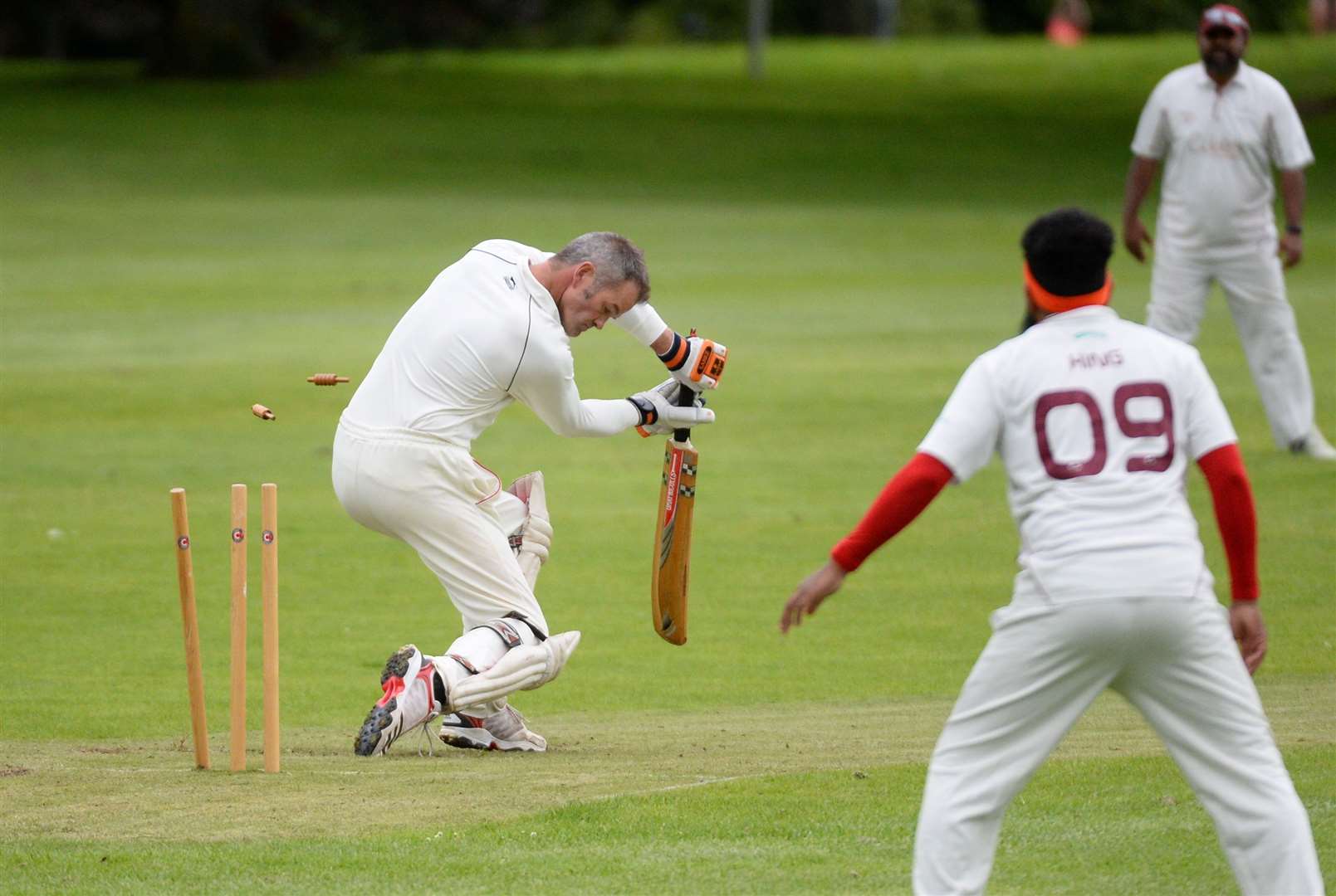 Cricket at Fraser Park..Highland v Ross County..Ross County batter James Andrews wicket falls..Picture: Gary Anthony. Image No.044421.
