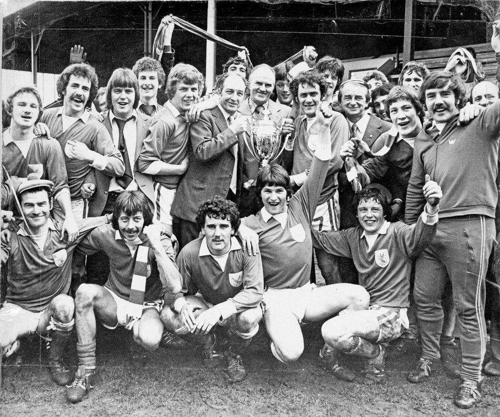 Alex Young, front right with moustache, celebrating the 1976/77 HIghland League title with the great Caley side of the 1970s.