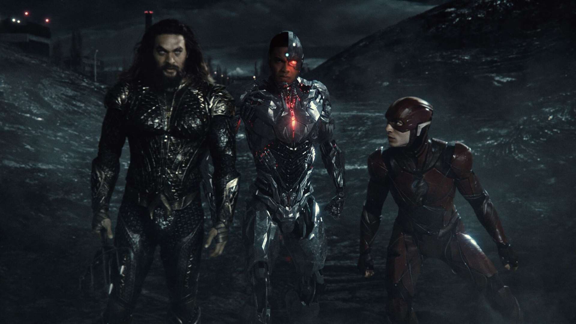 Jason Momoa as Aquaman, Ray Fisher as Cyborg and Ezra Miller as The Flash. Picture: PA Photo/Warner Bros. Entertainment Inc./DC Comics, Inc.