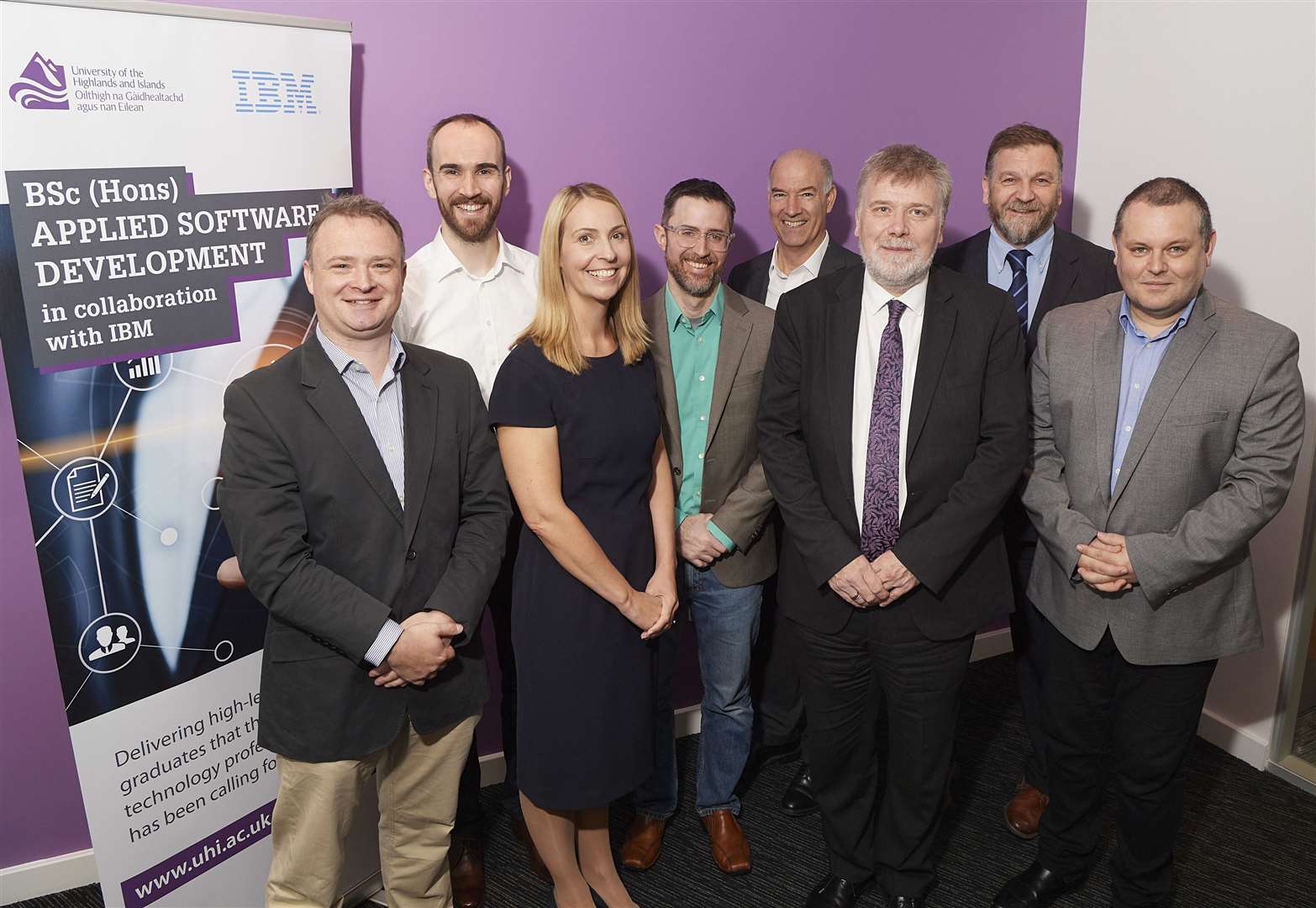 University of the Highlands and Islands and IBM colleagues at the launch of the new degree. From left: Dr Tom McCallum, Douglas Barr, Dr Petrena Prince (IBM), Lee Wilson (IBM), James Flynn (IBM), Professor Crichton Lang, Dr Gary Campbell and John McNamara (IBM).