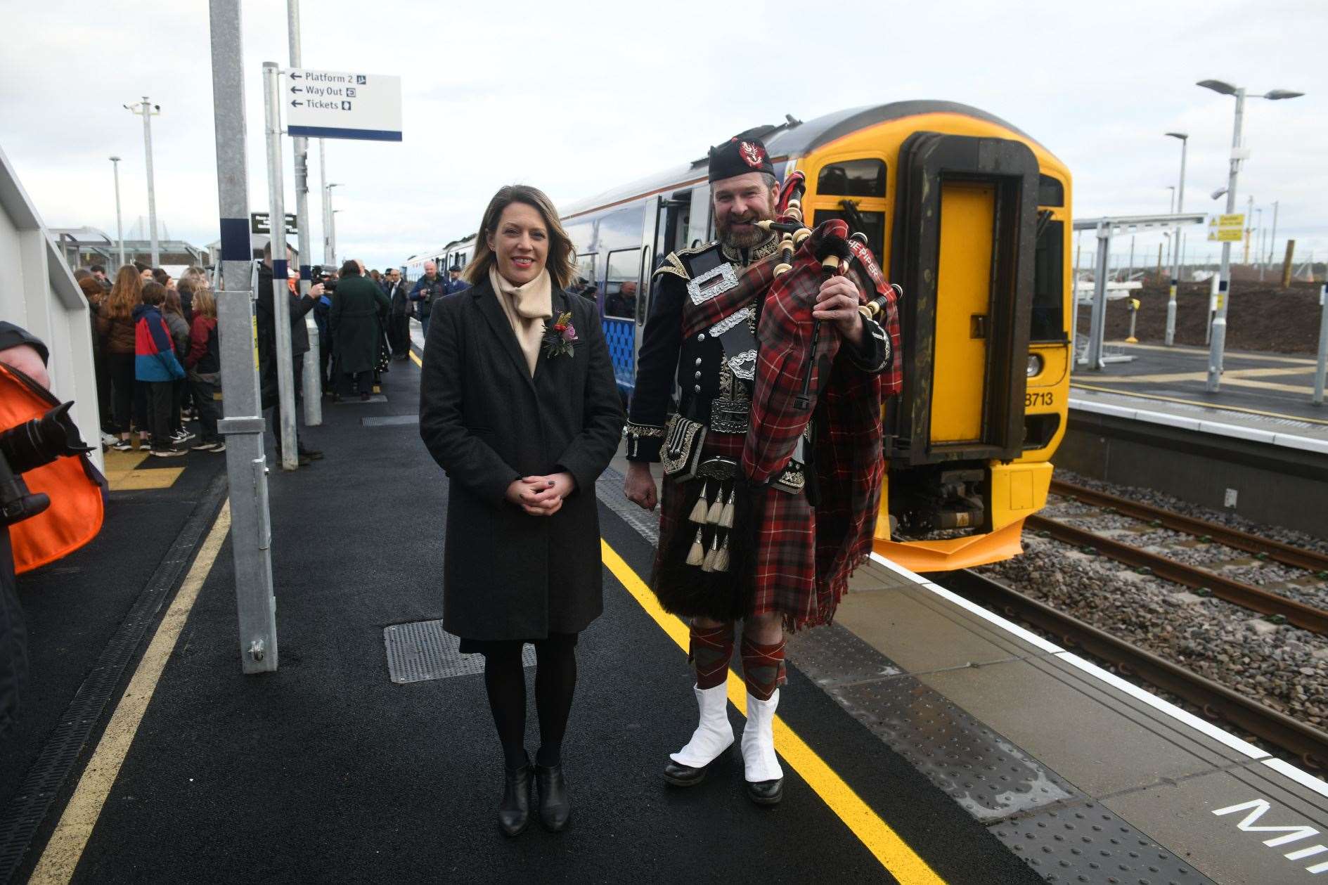 Jenny Gilruth (then transport minister) and Spud the Piper at the opening of Inverness Airport Station in February. Picture: James Mackenzie