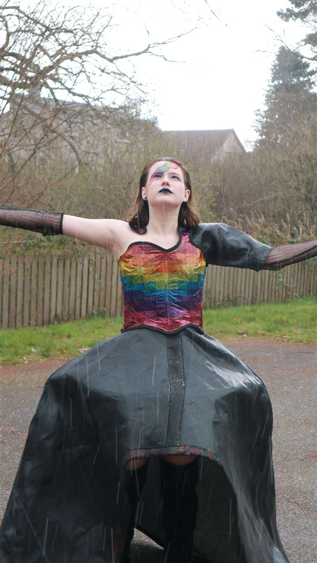 The ball gown has been made from recycled materials including a trampoline, chocolate wrappers and an old bike wheel.