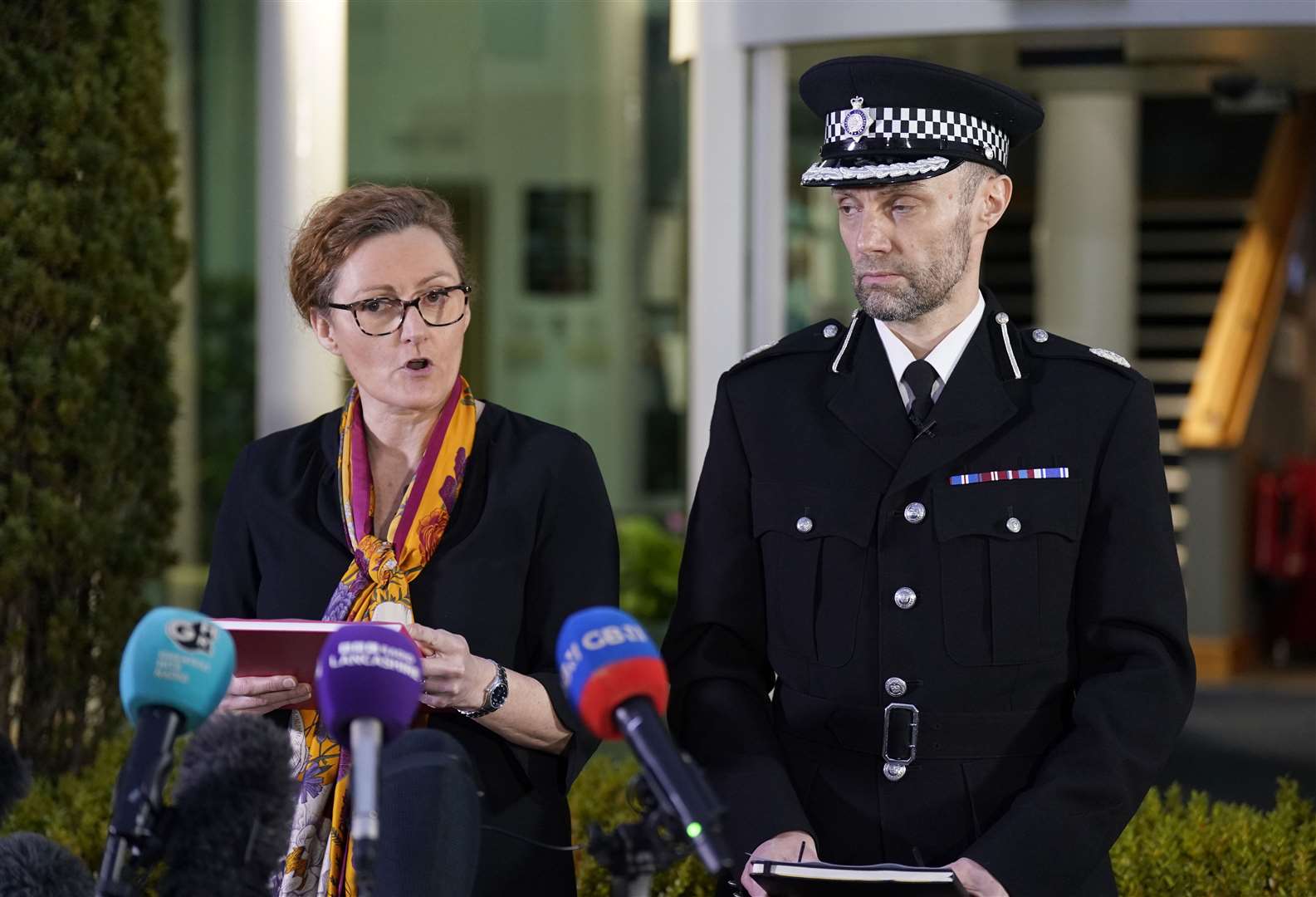 Assistant Chief Constable Peter Lawson (right) of Lancashire Police with Detective Chief Superintendent Pauline Stables (left) speaking at a press conference outside the force’s HQ (Owen Humphreys/PA)