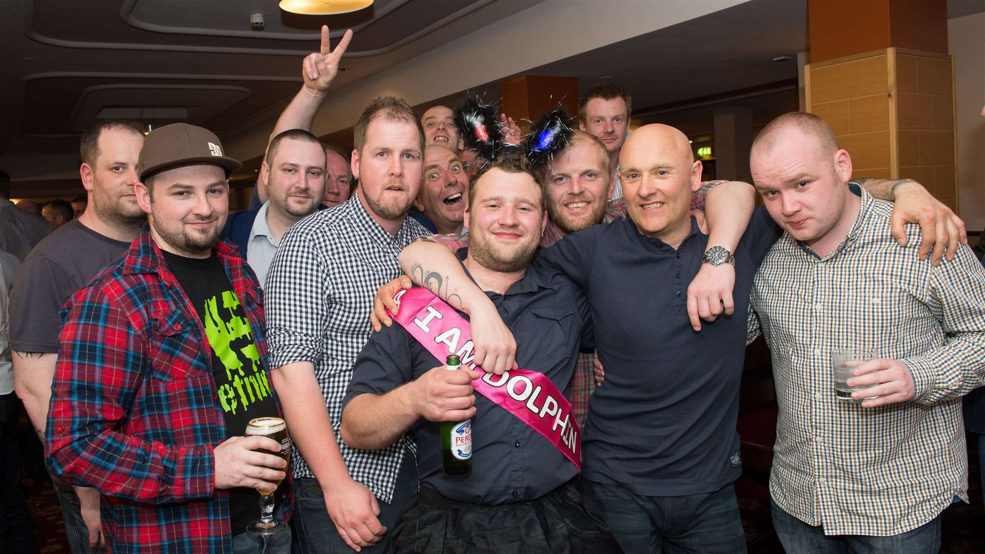 Andrew MacIver (sash) on his stag night in Wetherspoons. Picture: Callum Mackay.