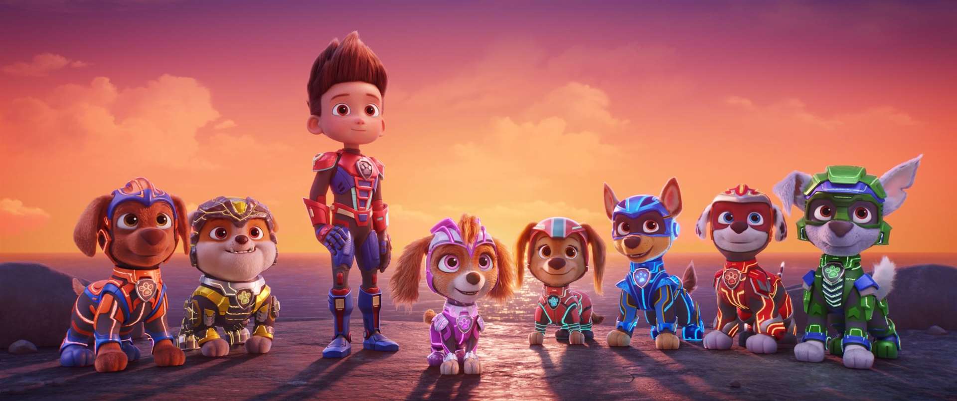 Paw Patrol: The Mighty Movie with Zuma (voiced by Nylan Parthipan), Rubble (Luxton Handspiker), Ryder (Finn Lee-Epp), Skye (McKenna Grace), Liberty (Marsai Martin), Chase (Christian Convery), Marshall (Christian Corrao) and Rocky (Callum Shoniker). Picture: Paramount Pictures © 2023 PA Media