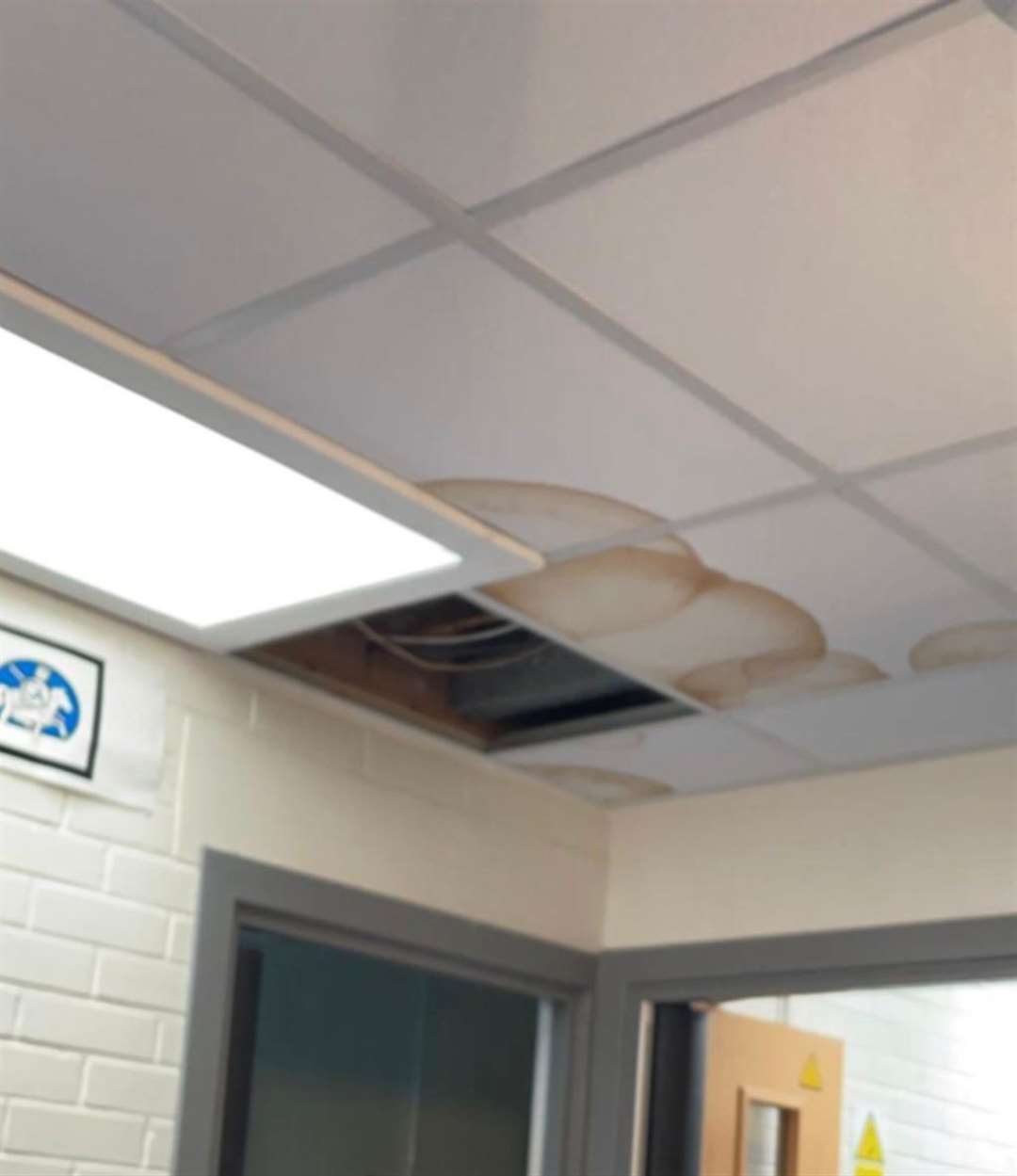 What appears to be water damage in the ceiling.