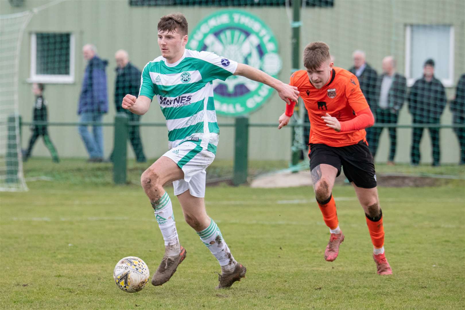 Cohen Ramsay, here outpacing Rothes’ Jake Thomson on Saturday, has been in superb form for Buckie. Picture: Daniel Forsyth