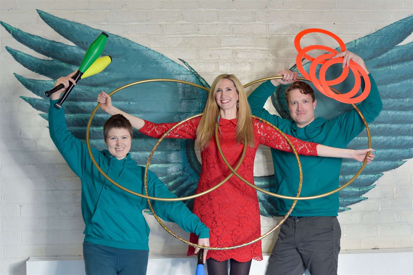 Joy Dunlop launches Seachdain Na Gàidhlig (World Gaelic Week)with help from Gaelic speaker and acrobatic educator Kit Rodman-Orr and Scott Craig, director of Community Circus Paisley.