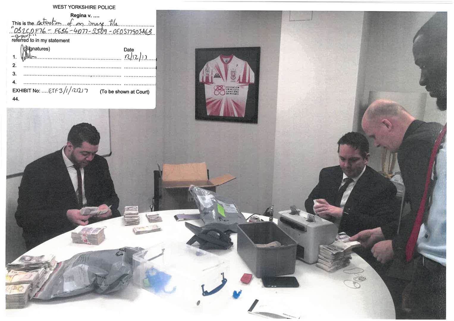 Jurors have heard that James Stunt’s late sibling Lee Stunt (pictured right, seated) was involved in the management of Stunt and Co – the business prosecutors allege was used to collect and count the criminal cash