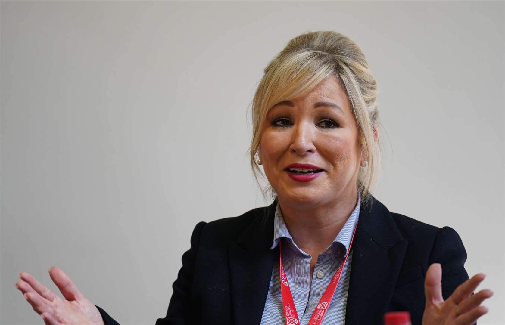 Sinn Fein vice president Michelle O’Neill speaking to the media at the Queen’s conference (Niall Carson/PA).