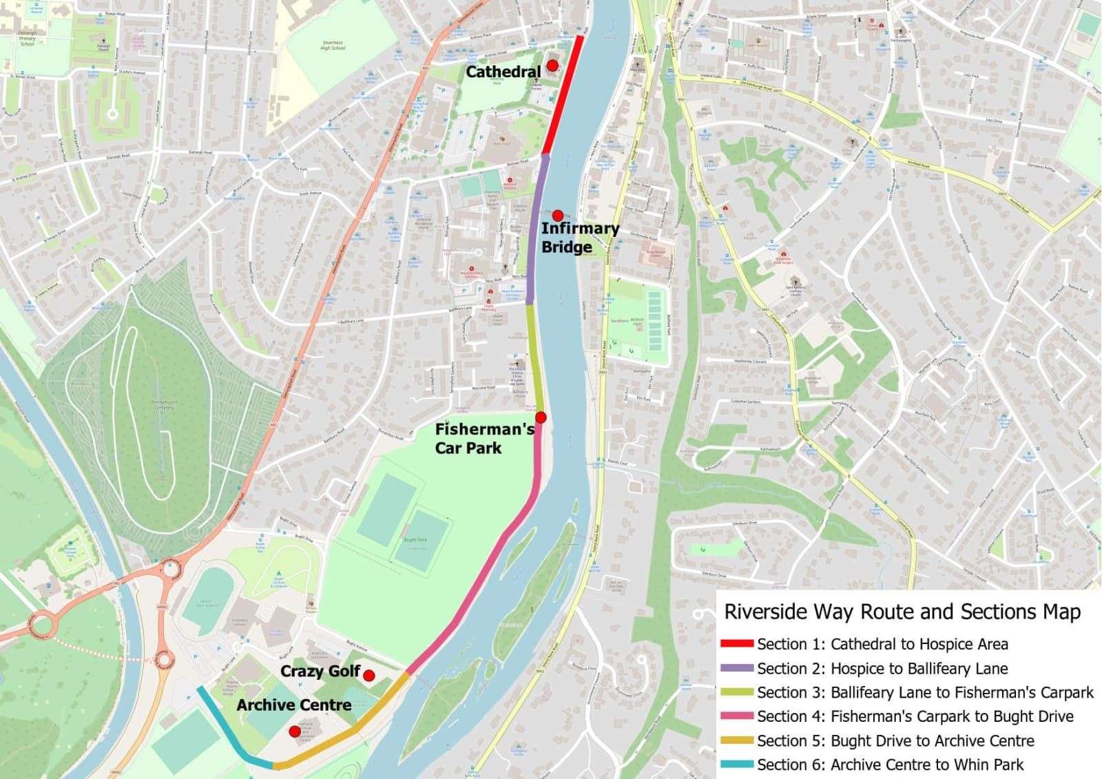 Map showing the route of the Riverside Way.