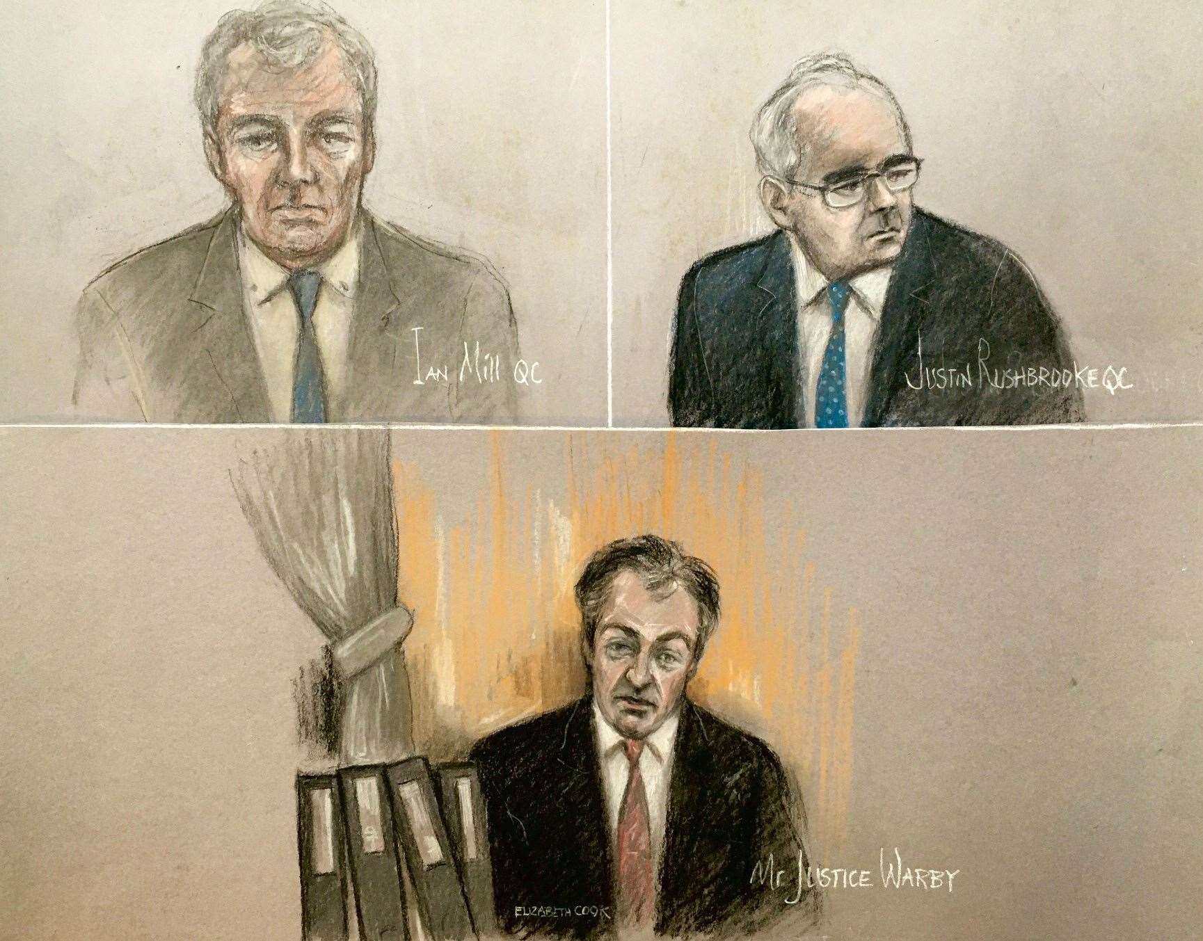 Court artist sketch of Ian Mill QC (top left), Justin Rushbrooke QC (top right) and judge Mr Justice Warby (bottom), at the Royal Courts of Justice (Elizabeth Cook/PA)