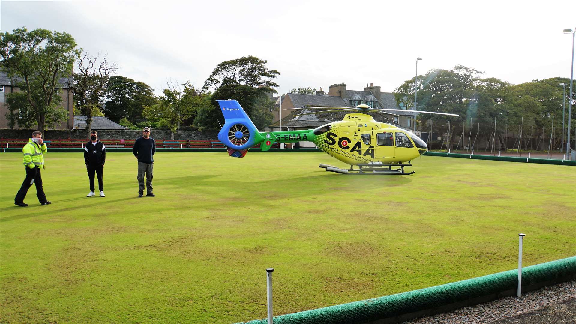 A specialist medical team was flown up to Caithness General Hospital, landing on the nearby bowling green of Rosebank Playing Fields. Pictures: DGS