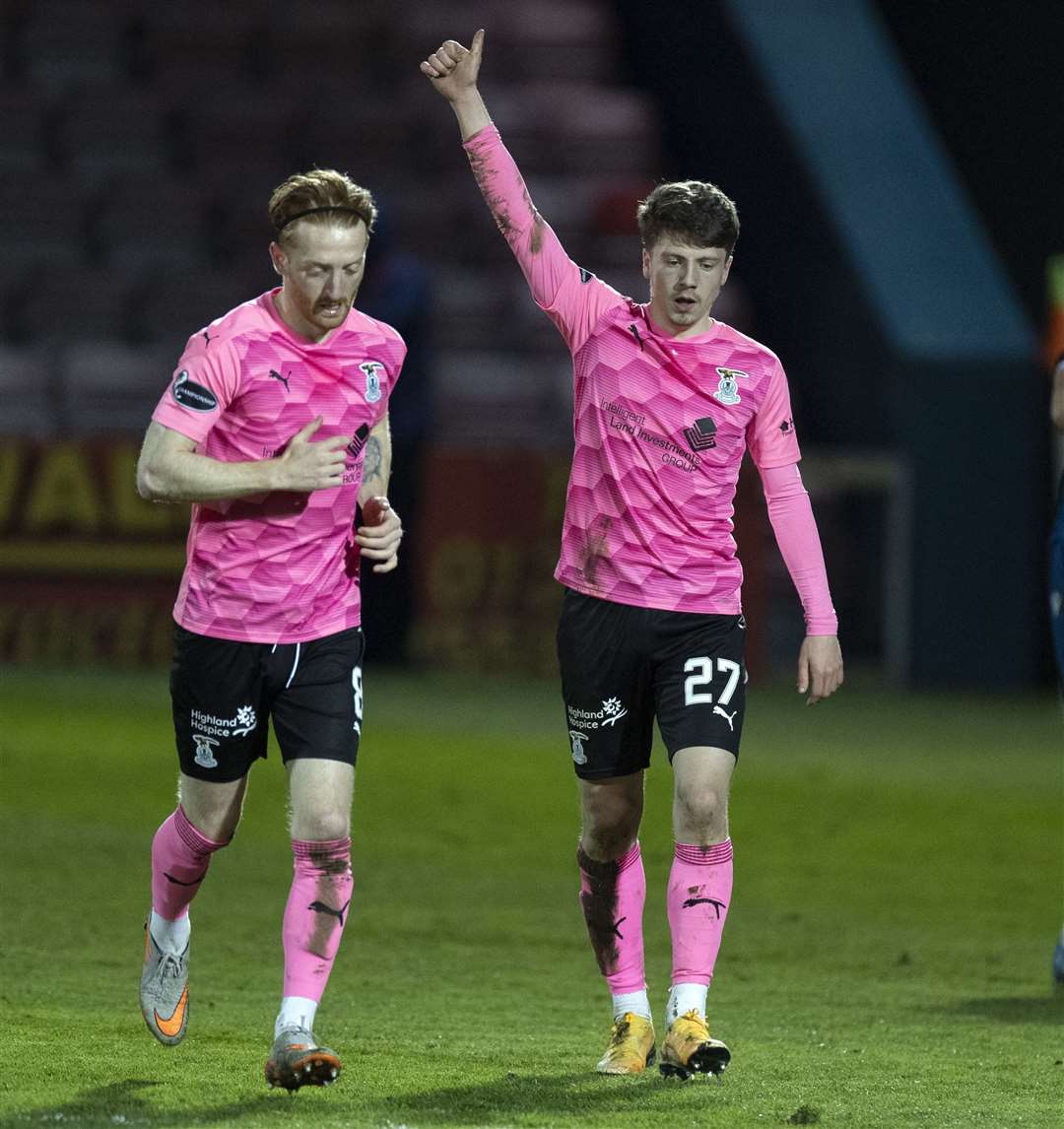 Picture - Ken Macpherson, Inverness. Scottish Cup 3rd Round. Ross County(1) v Inverness CT(3). 02.04.21. ICT’s Daniel Mackay celebrates his goal.