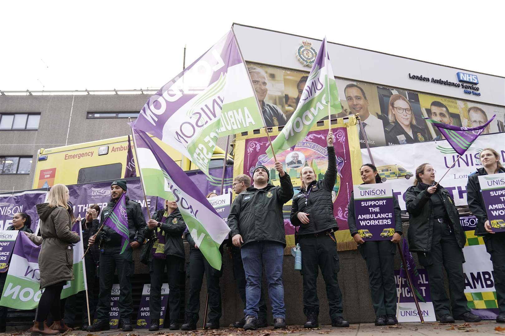 Ambulance workers on the picket line outside Waterloo ambulance station in London in December (Kirsty O’Connor/PA)