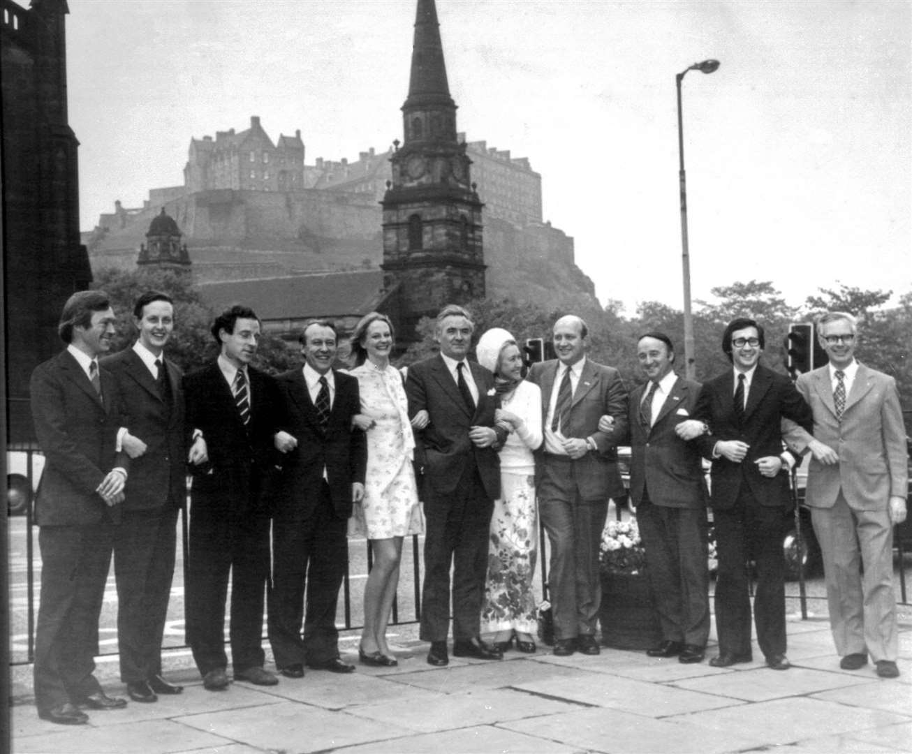 The Scottish National Party’s 11 newly-elected MPs present a united front in Edinburgh. From left: George Reid, Gordon Wilson, Douglas Crawford, Douglas Henderson, Margaret Bain, Donald Stewart, Winnie Ewing, Iain MacCormick, Hamish Watt, Andrew Welsh and George Thompson (PA)