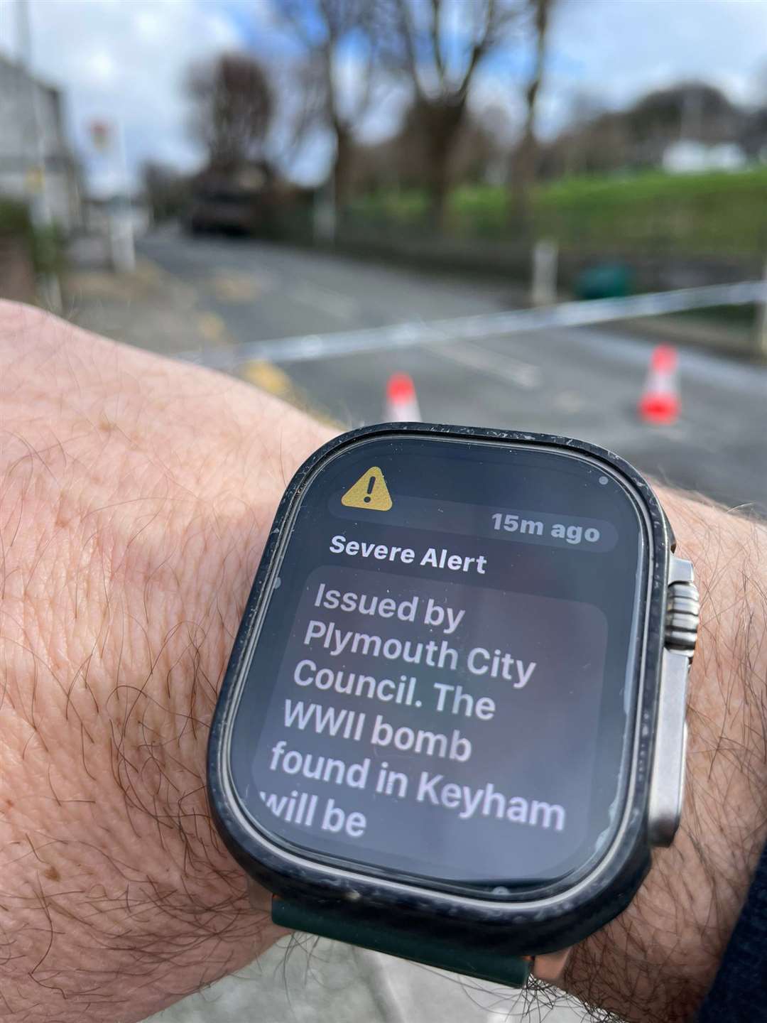 The severe alert text message appears on a smart watch (Ben Birchall/PA)