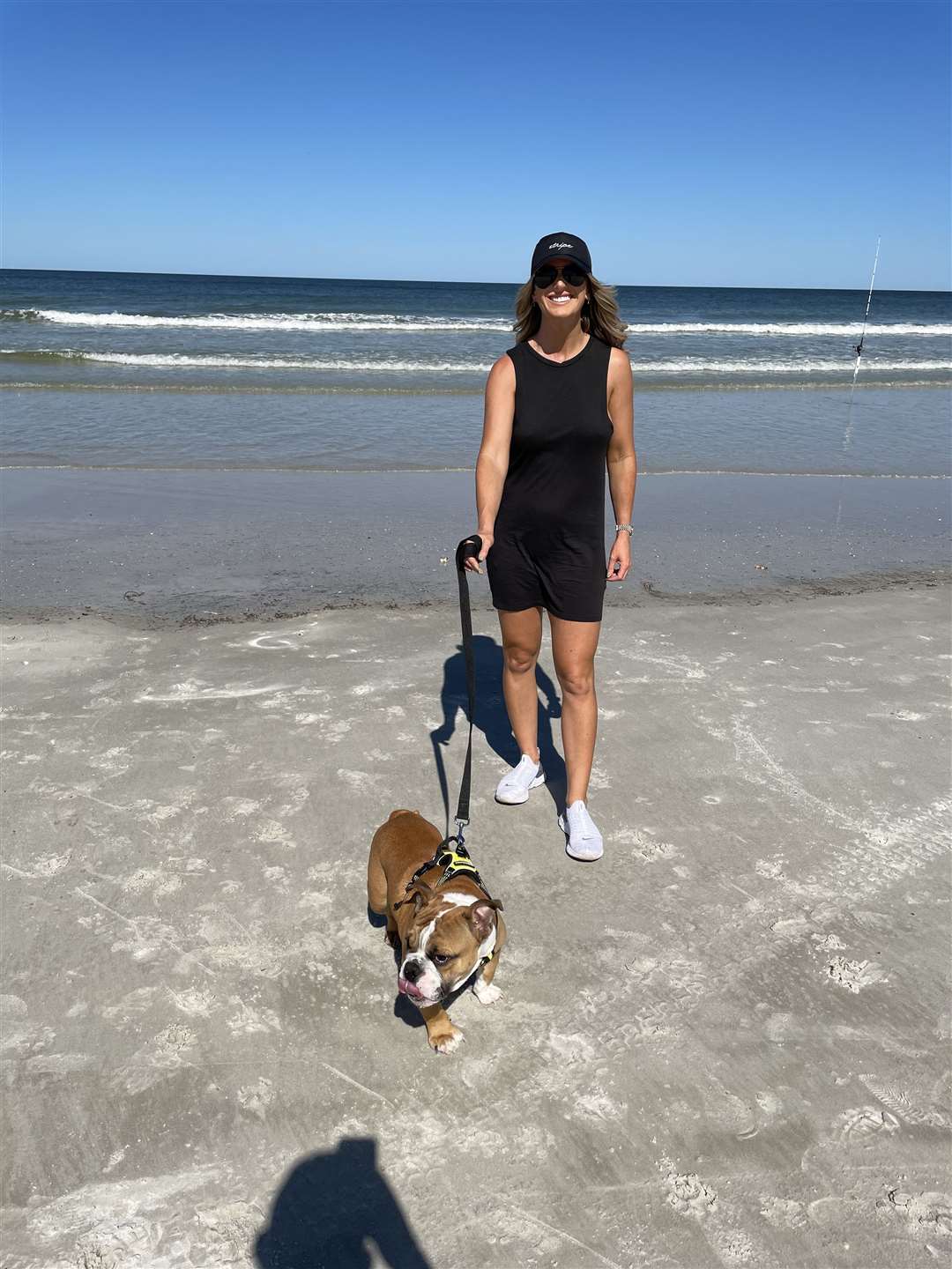 Diane walking Barkley at Jacksonville Beach.