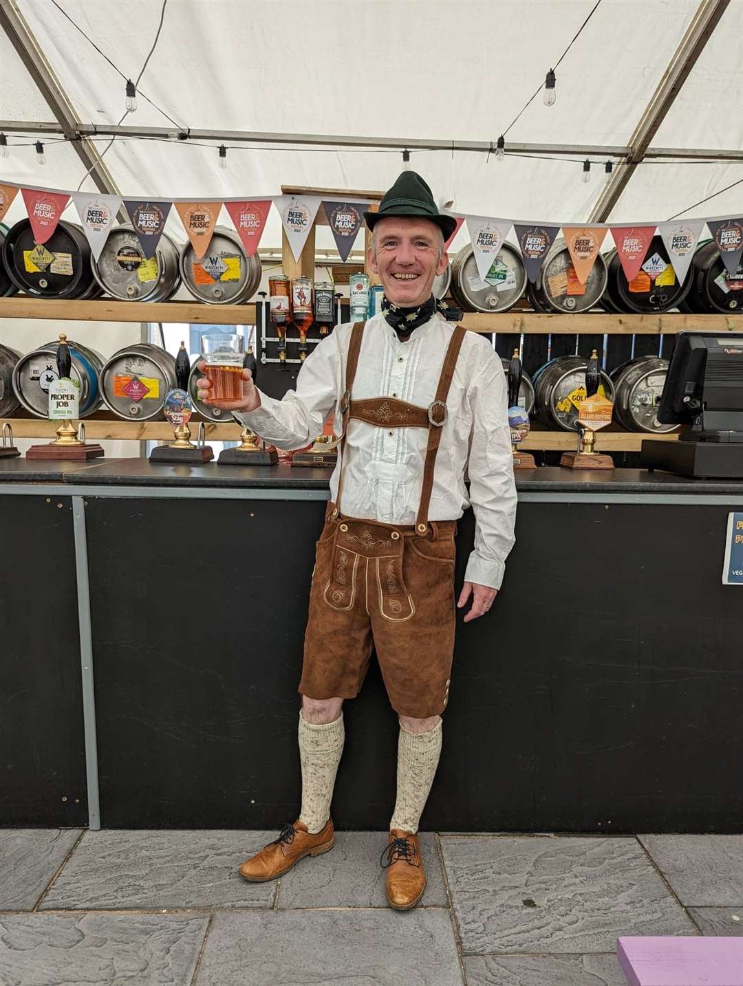 Paul Geddes, owner of the Bandstand got into the spirit of things wearing traditional Lederhosen to celebrate German beers at the festival.