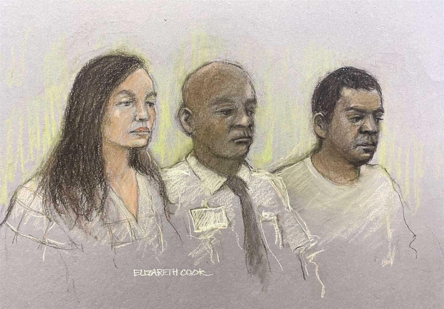 Court artist sketch by Elizabeth Cook of Constance Marten (left) and Mark Gordon (right), seated with a dock officer, in the dock at the Old Bailey, central London (Elizabeth Cook/PA)