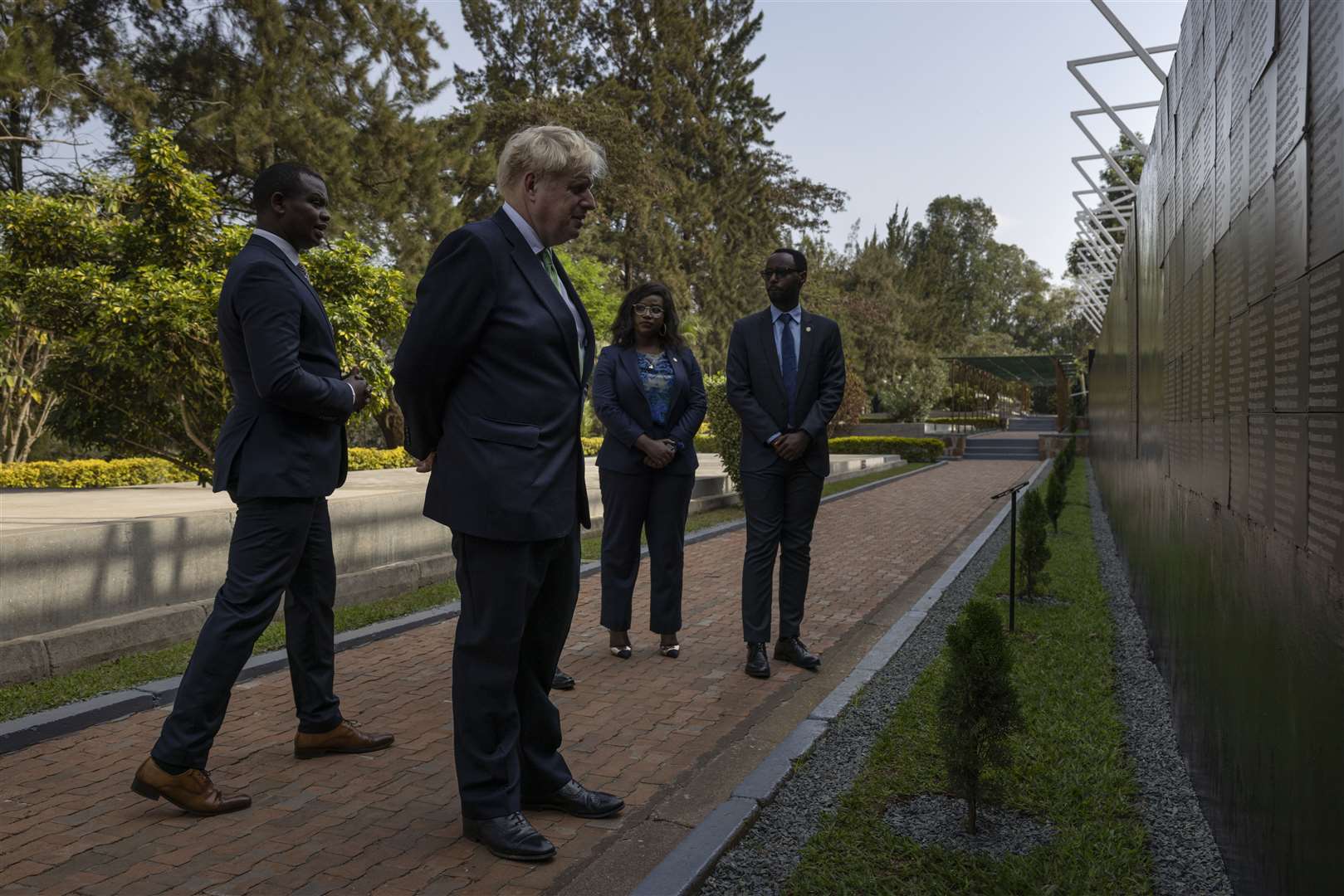 Boris Johnson with Freddy Mutanguha (left), executive director for the Aegis Trust at the Kigali Genocide Memorial, in Kigali, Rwanda (Dan Kitwood/PA)