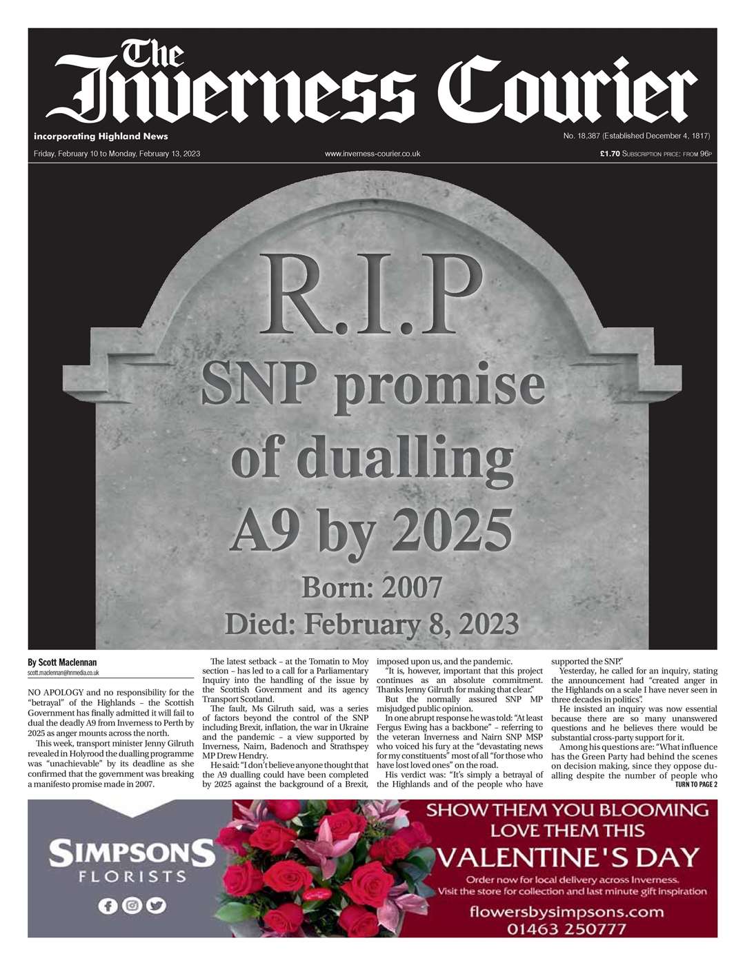 The Inverness Courier, February 10, front page.