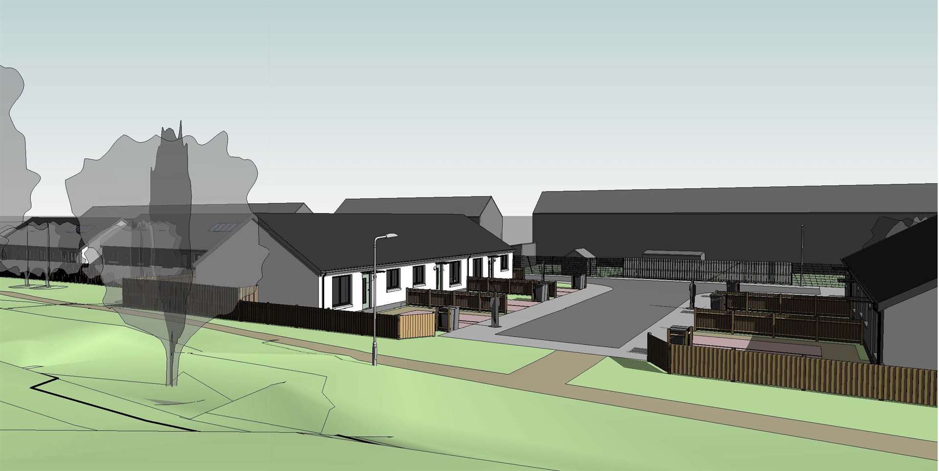 An impression of the proposed bungalows at Dalneigh as they would be seen from the canal tow path.
