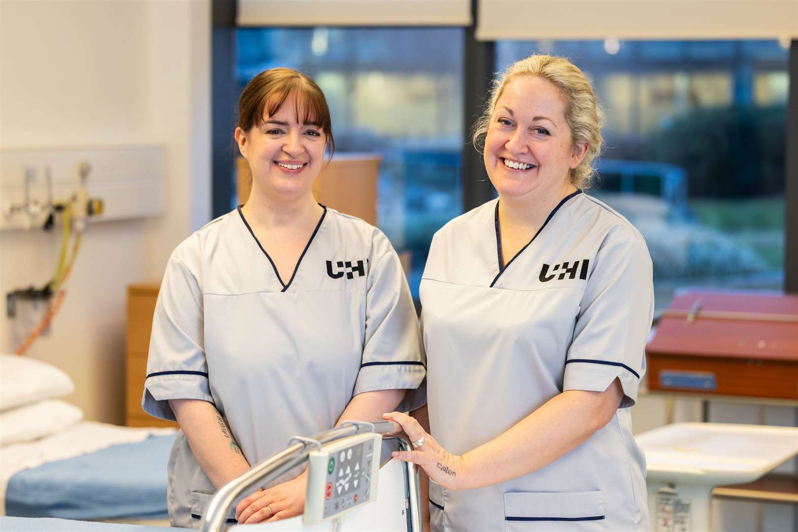 Nursing students Shivonne MacLean and Lou Hyett-Collins in the clinical skills suite at UHI House in Inverness.