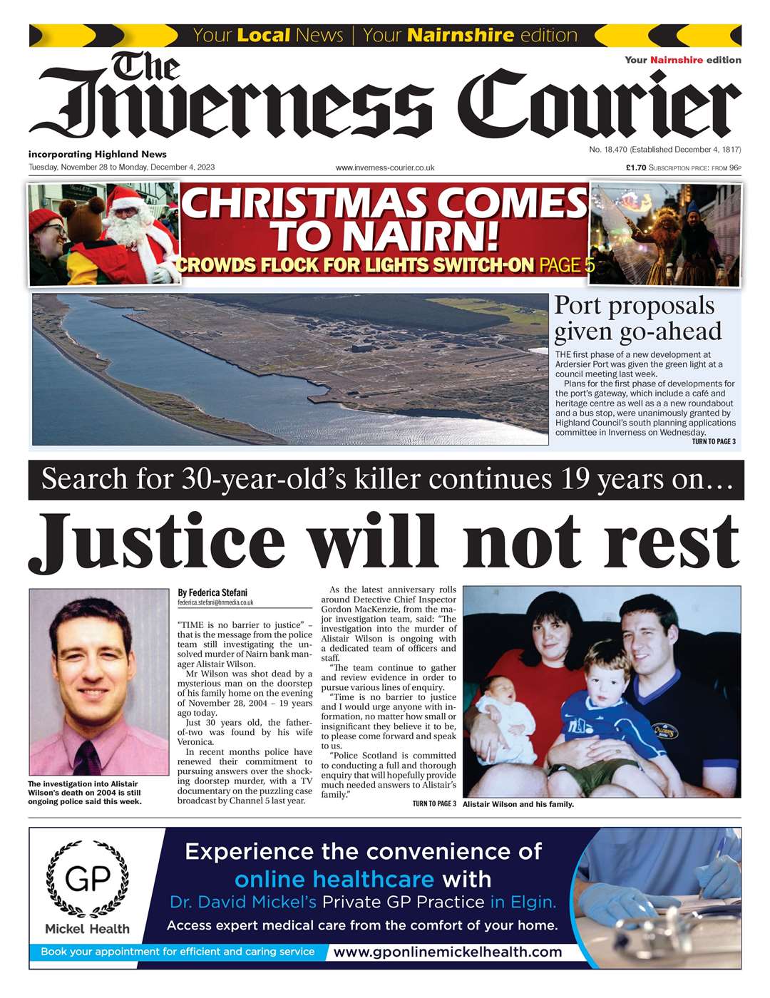 The Inverness Courier (Nairnshire edition), November 28, front page.