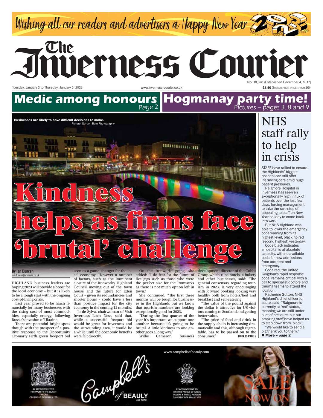 The Inverness Courier, January 3, front page.