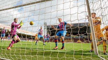 This, from Scott McDonald, was adjudged to have crossed the line. Picture: Ken Macpherson.