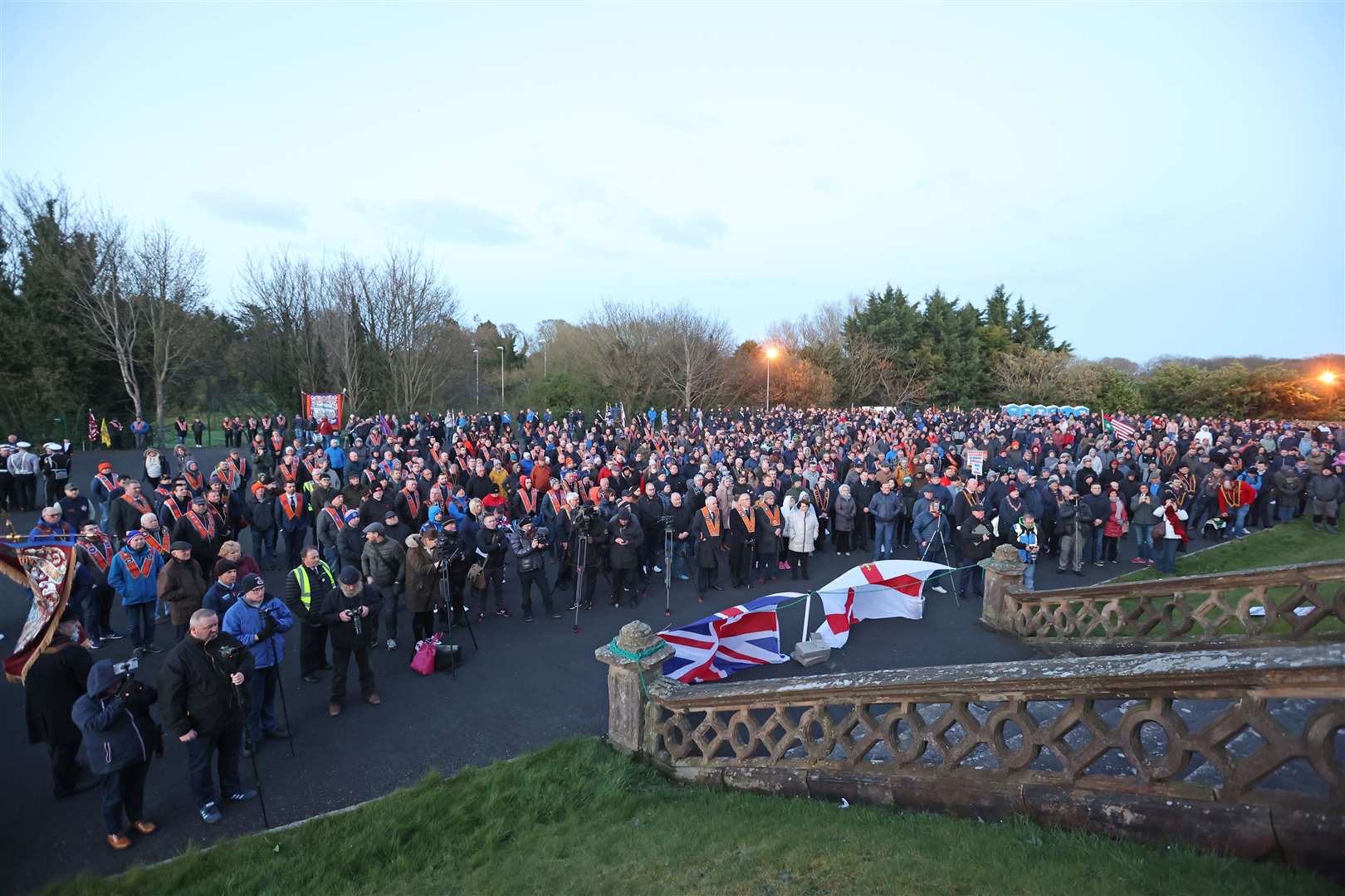 People take part in a rally in opposition to the Northern Ireland Protocol at Brownlow House in Lurgan (Liam McBurney/PA)